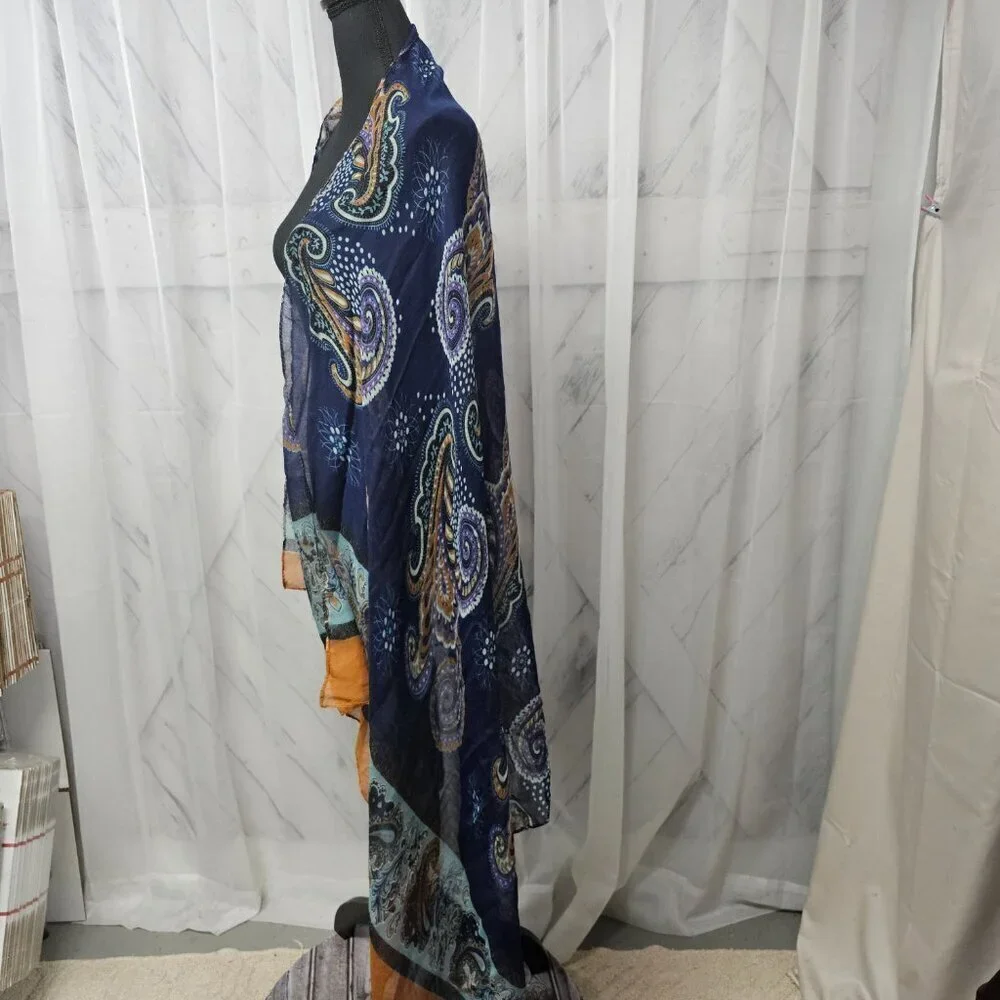 Unbranded Blue Orange Paisley Semi-Sheer Fringed Boho Scarf Shawl